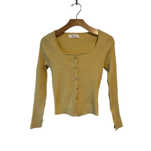 Alicedudu Button Up Sweater Women's Size Medium Yellow Ribbed Top Long Sleeve